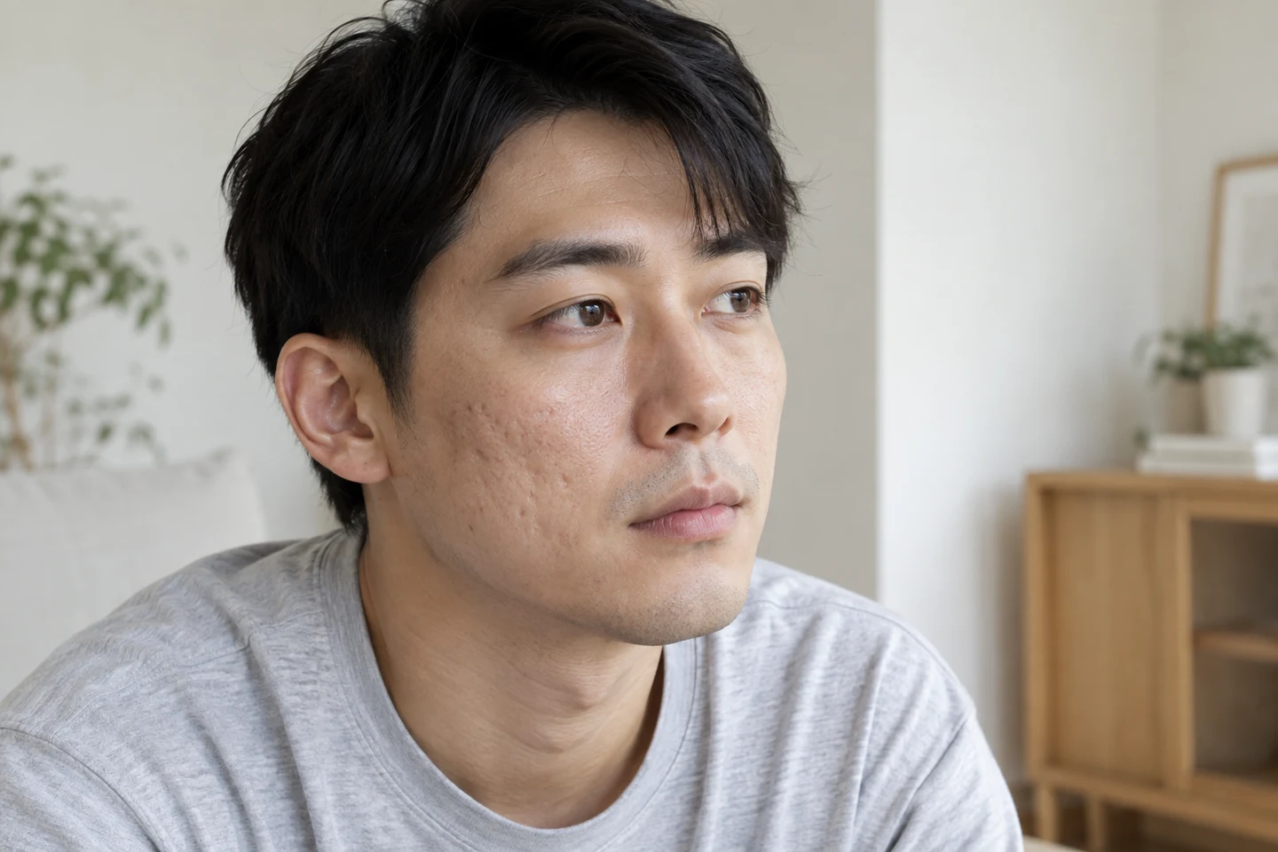 옆에서 들어오는 자연광 아래 볼의 피부 질감이 보이는 설명용 인물 사진
