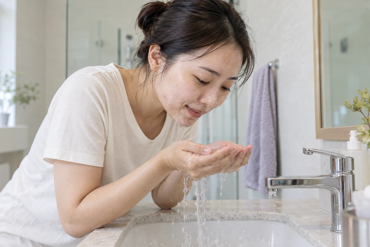 세게 문지르지 않고 손으로 얼굴을 헹구는 순한 세안의 설명용 사진