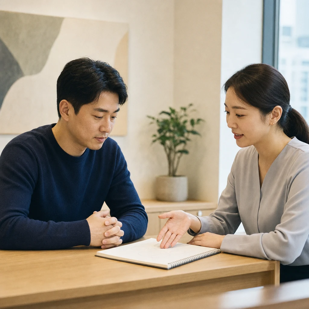 가격과 시술 구성을 설명하는 상담 데스크 장면