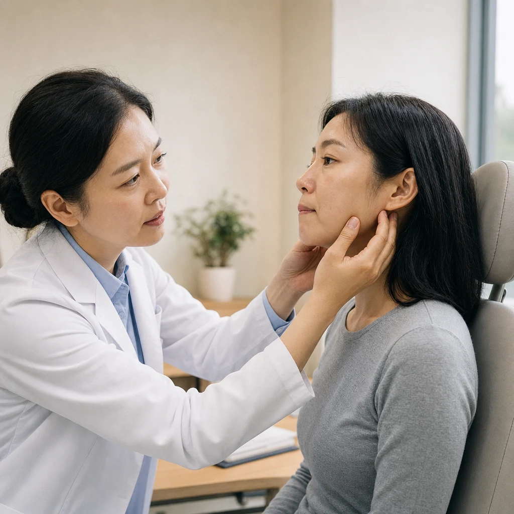 어금니를 물었을 때 턱선 근육이 솟는지 살펴보는 감별 상담 장면