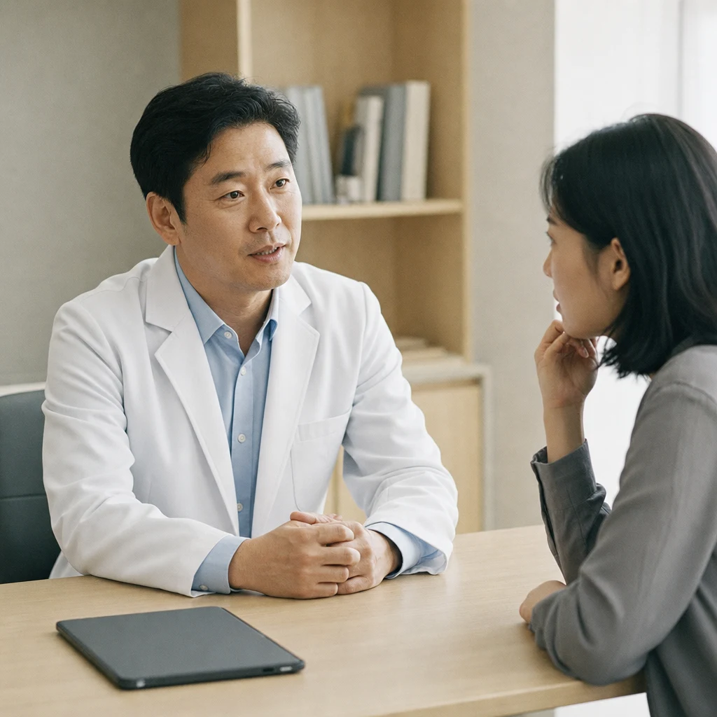 시술 전 확인할 항목을 체크하며 진행되는 피부과 상담 장면