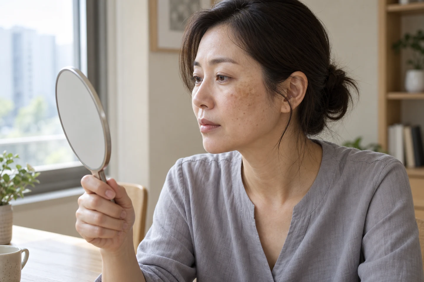 자연광에서 거울로 볼의 갈색 피부 변화를 살펴보는 설명용 사진