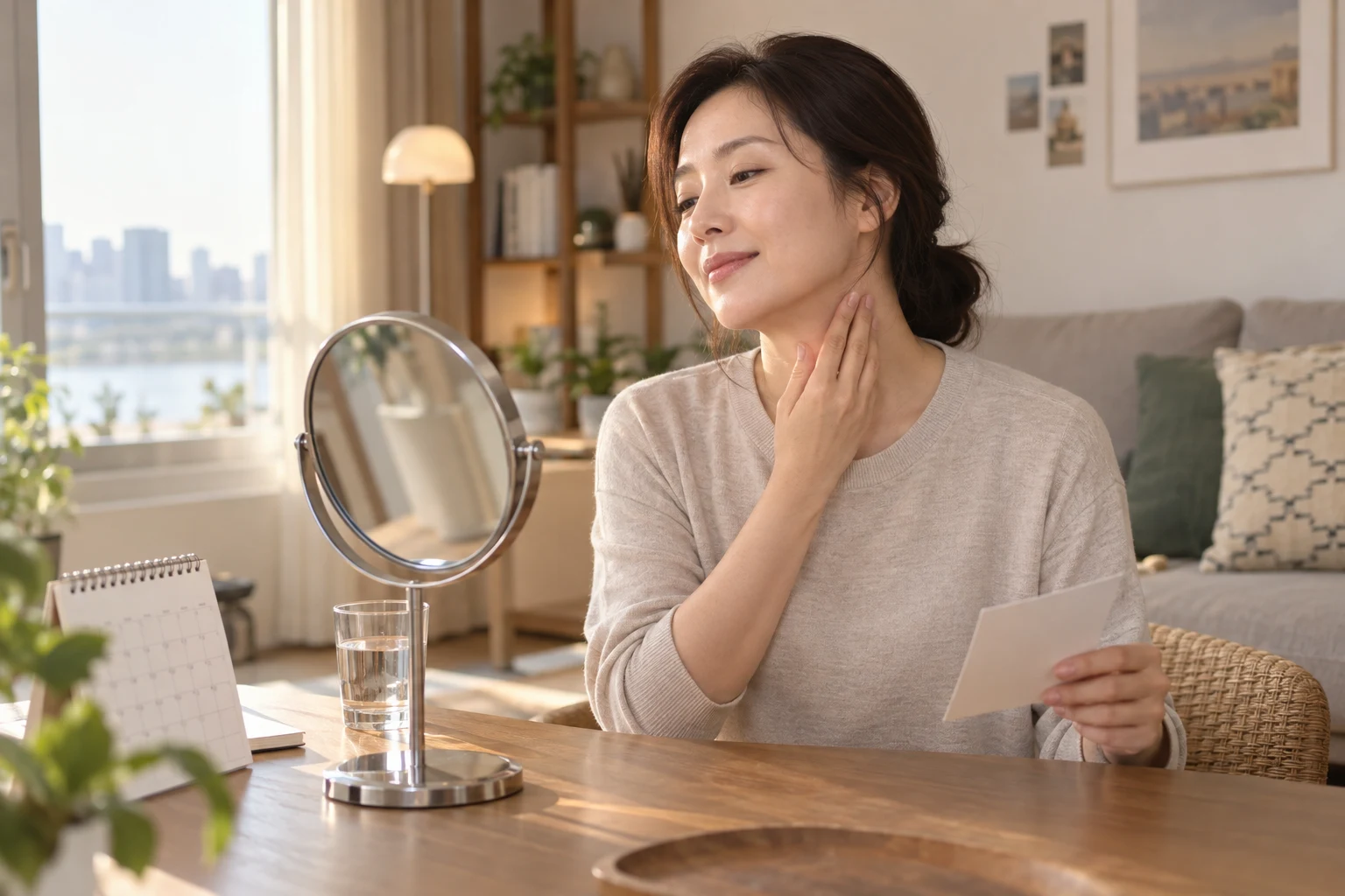 목주름 필러 뒤 관찰과 연락 계획을 적은 안내 카드를 확인하는 설명용 사진