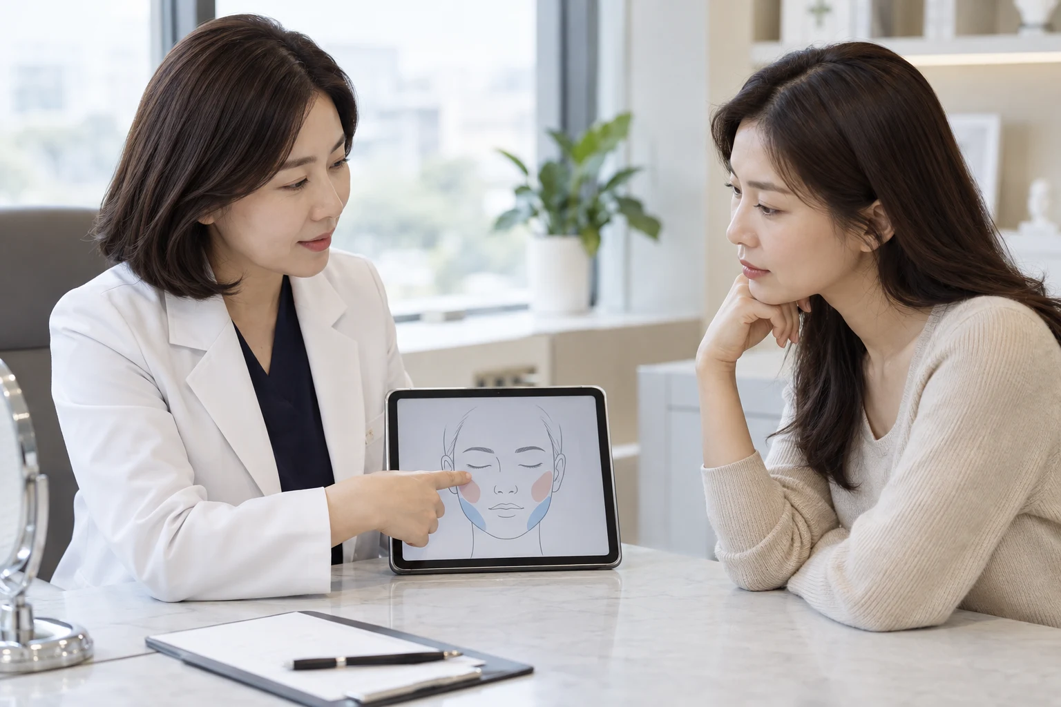 볼의 볼륨과 턱선의 느슨함을 구역별로 설명하는 상담 장면