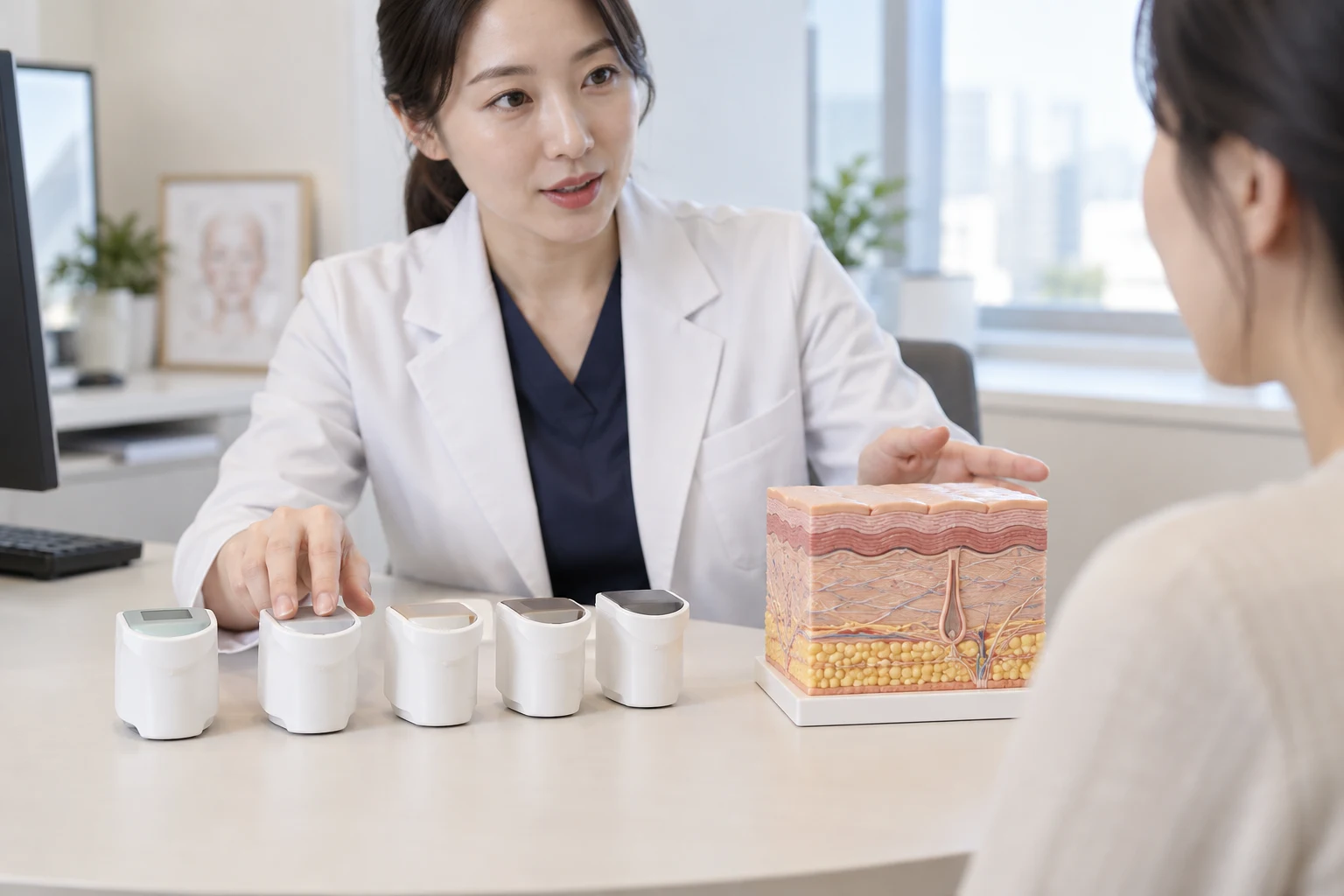 여러 깊이의 일반적인 집속초음파 팁과 피부 모형을 설명하는 장면