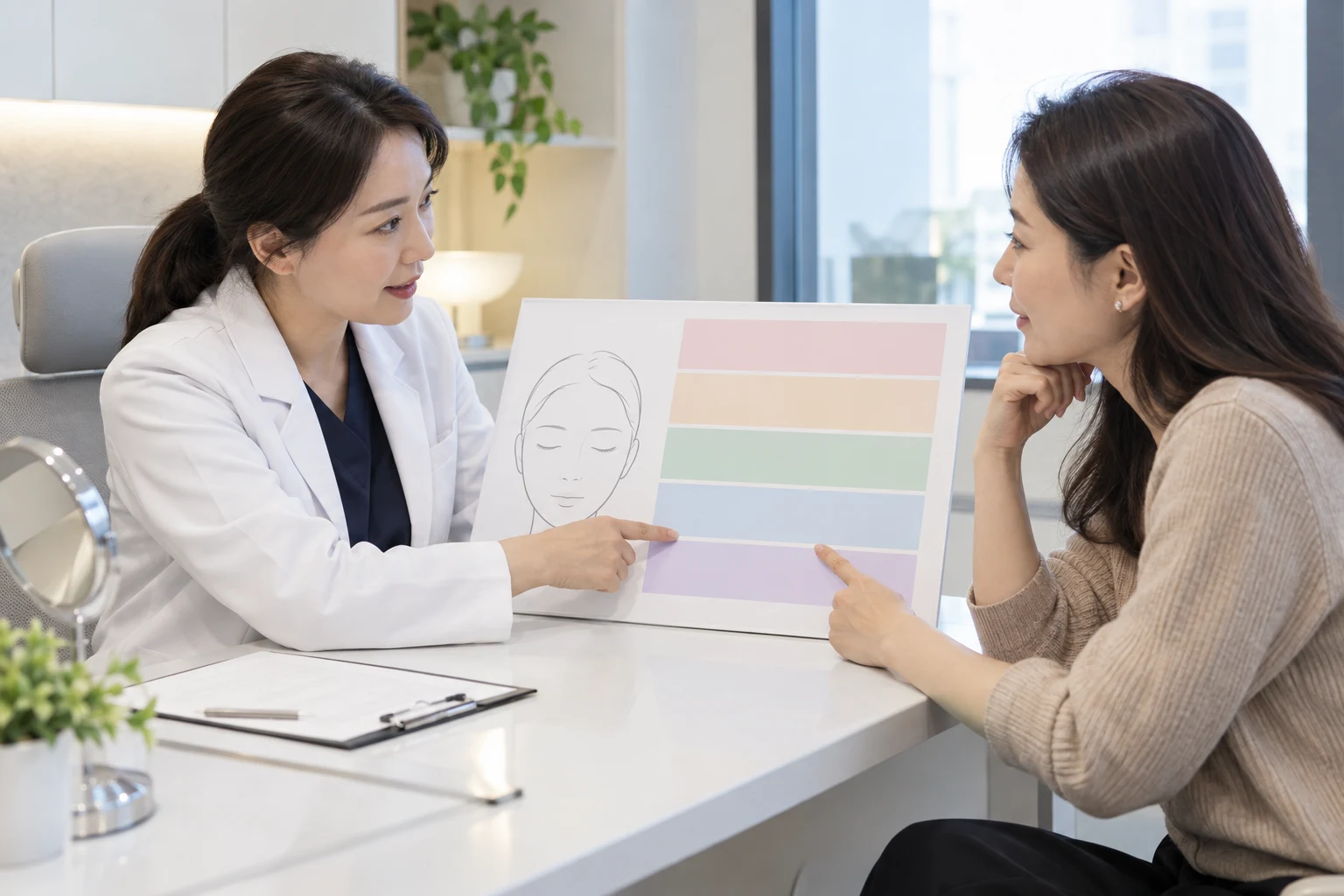 상담에서 시술과 회복, 중요한 일정의 순서를 색 띠로 나누어 보는 장면