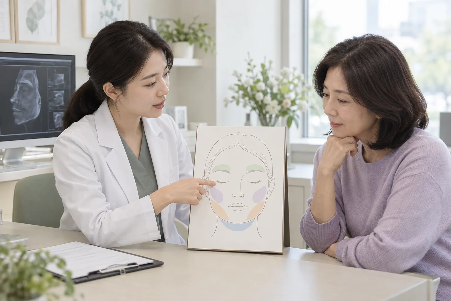 얼굴의 치료 구역과 제외 구역을 상담하는 설명용 장면