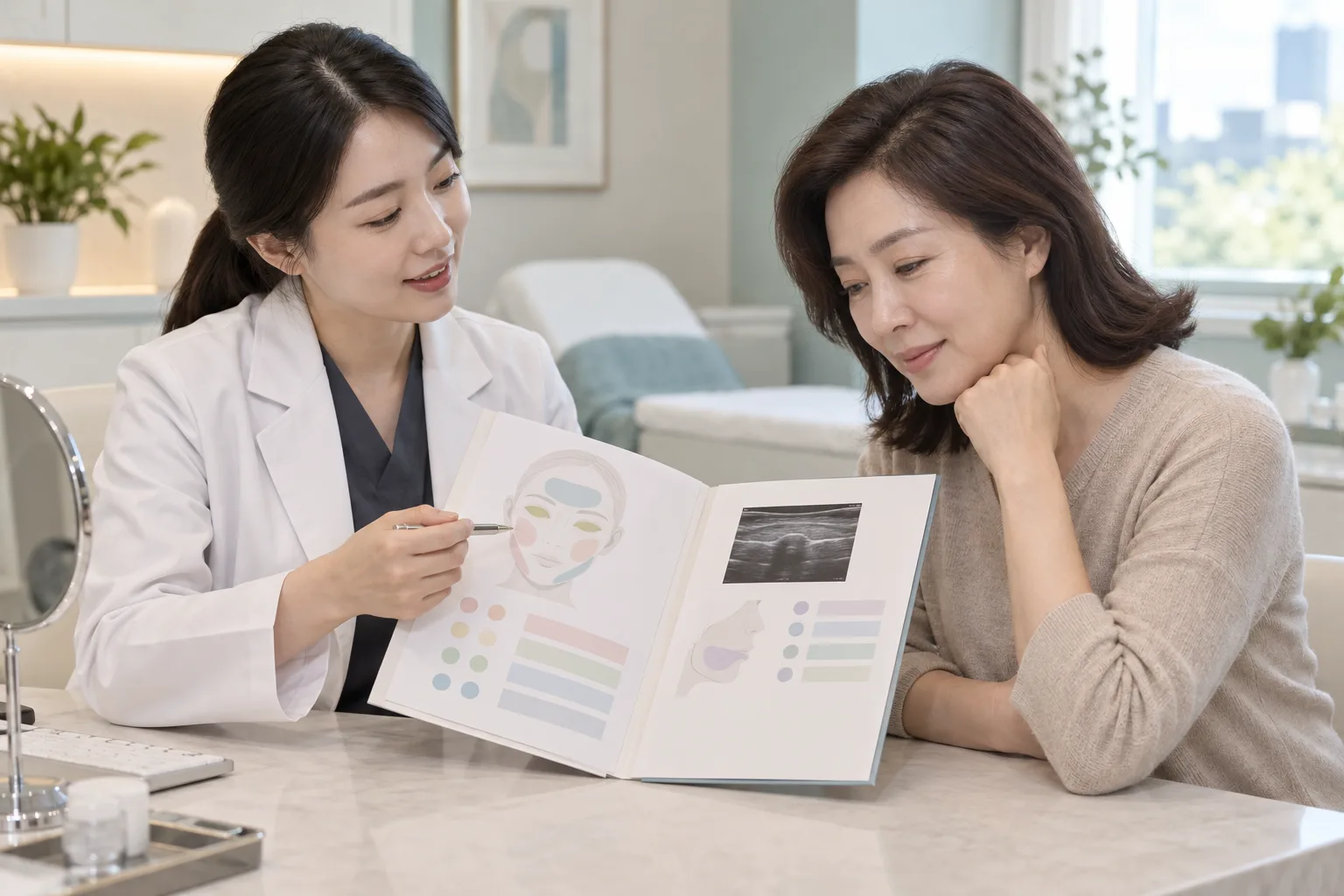 부위 지도와 초음파 정지 화면을 포함한 치료 기록을 확인하는 설명용 장면