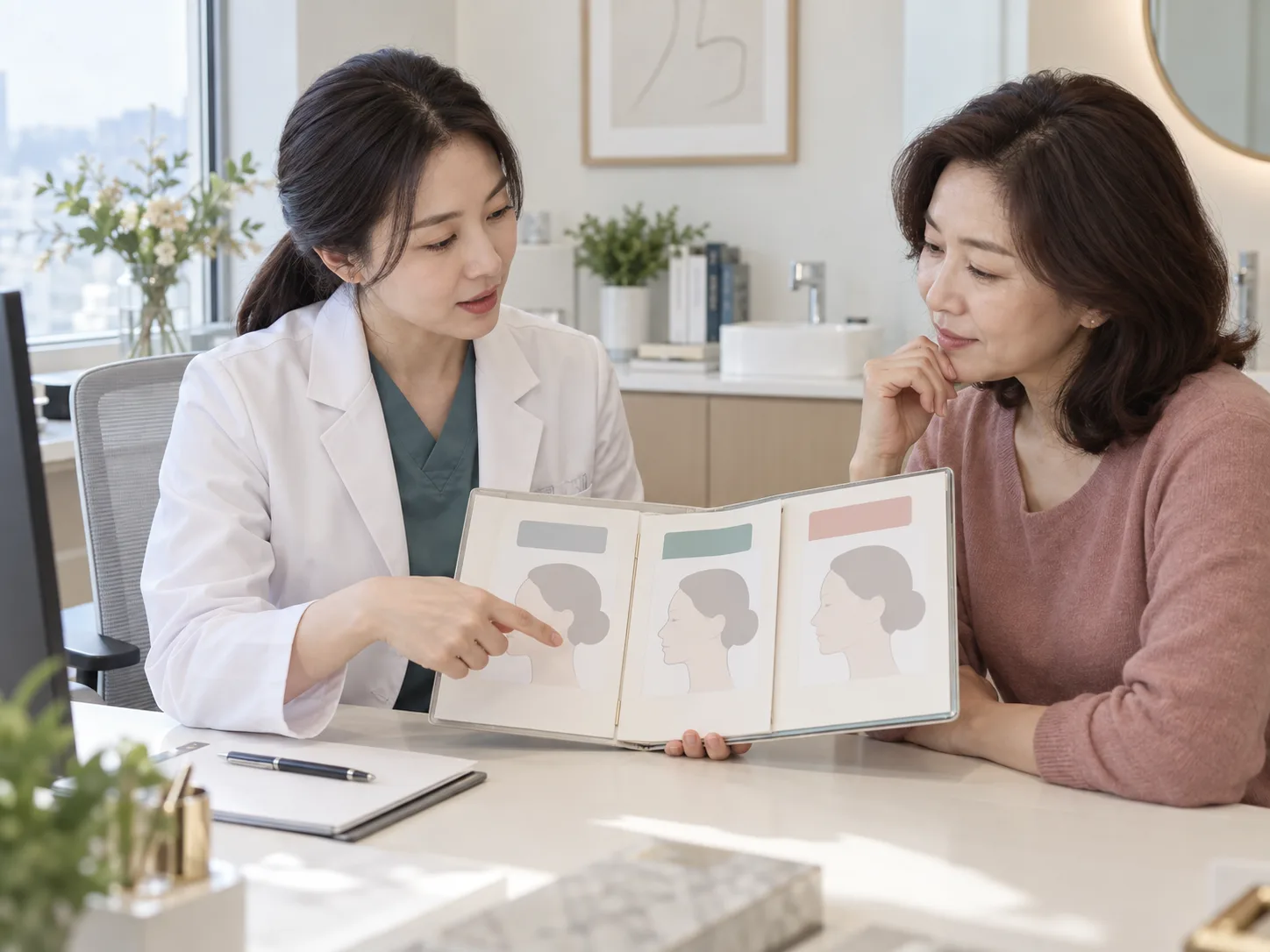 울쎄라 상담에서 기준 사진과 세 시점의 기록을 함께 확인하는 장면