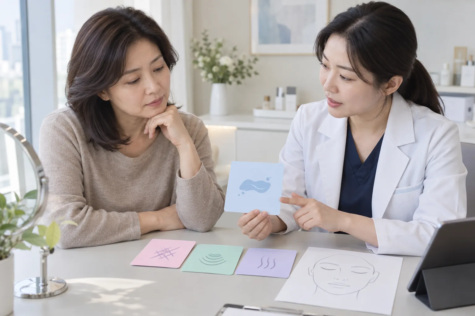 필러, 실, 초음파와 고주파 등 이전 시술 이력을 확인하는 상담 장면