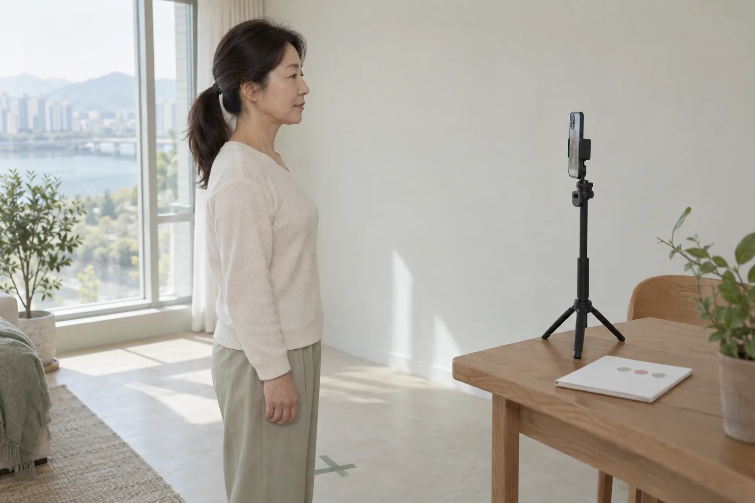 같은 위치와 조명에서 옆얼굴 기준 사진을 촬영하는 설명용 장면